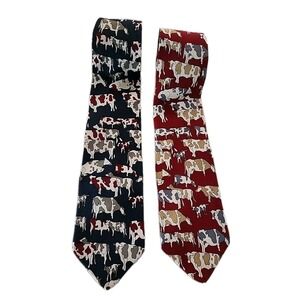 COOL COWS! 2-Vintage Vicky Davis 100% Silk NAVY+ RED Neckties EX COND Moooo! USA